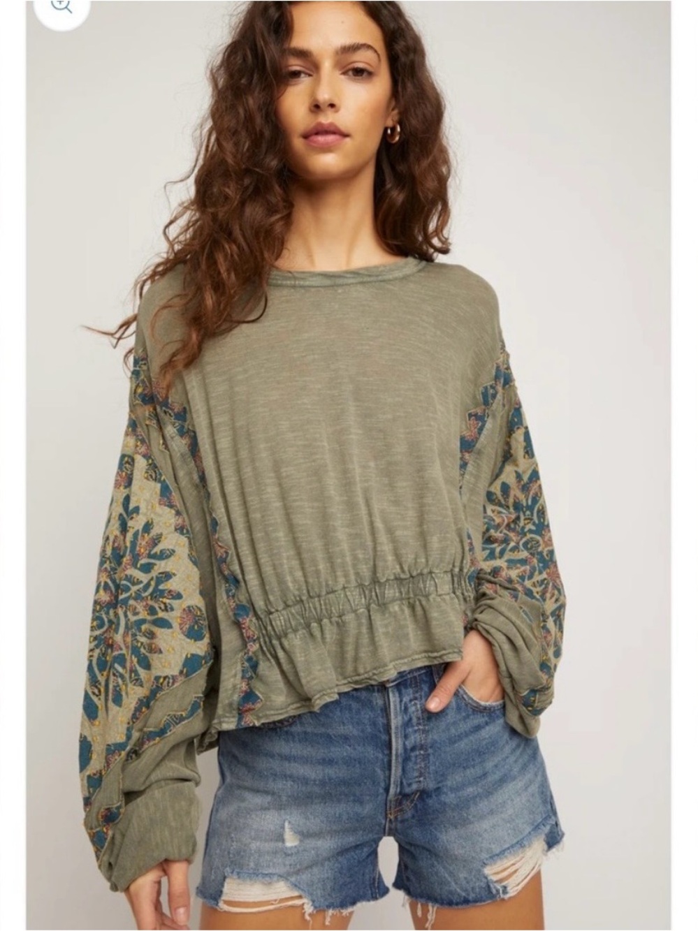 Free People Olive Green Embroidered Cropped Peasant Top Medium
